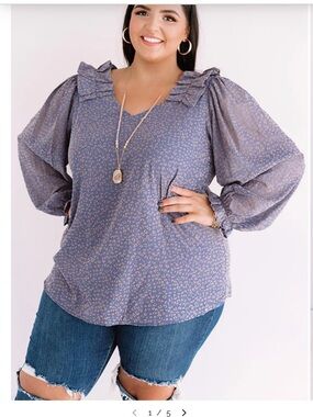 entro Dusty Blue Metallic Dot Ruffle Shoulder Pleats Blouse
